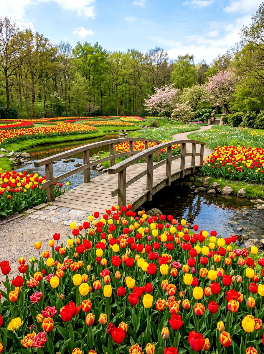 Spring Tulip Garden Bridge - 25 Spring Garden Bridge Decor Ideas