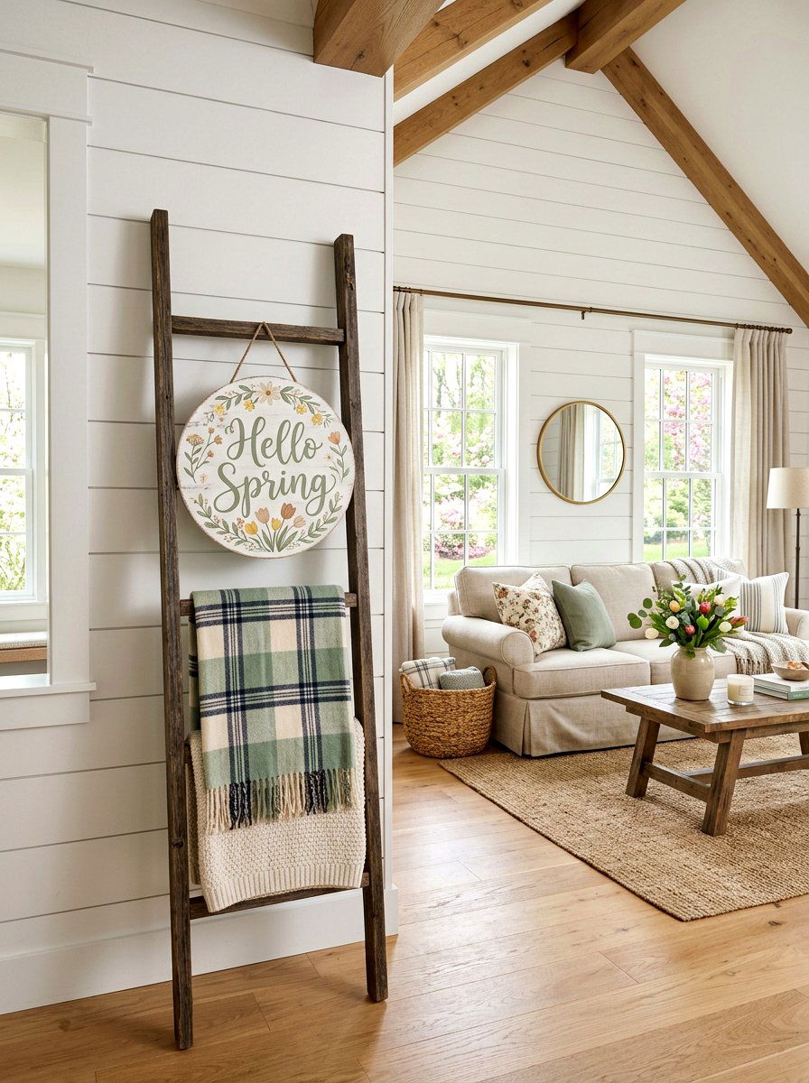 Spring Wooden Sign - 25 Spring Blanket Ladder Decor Ideas