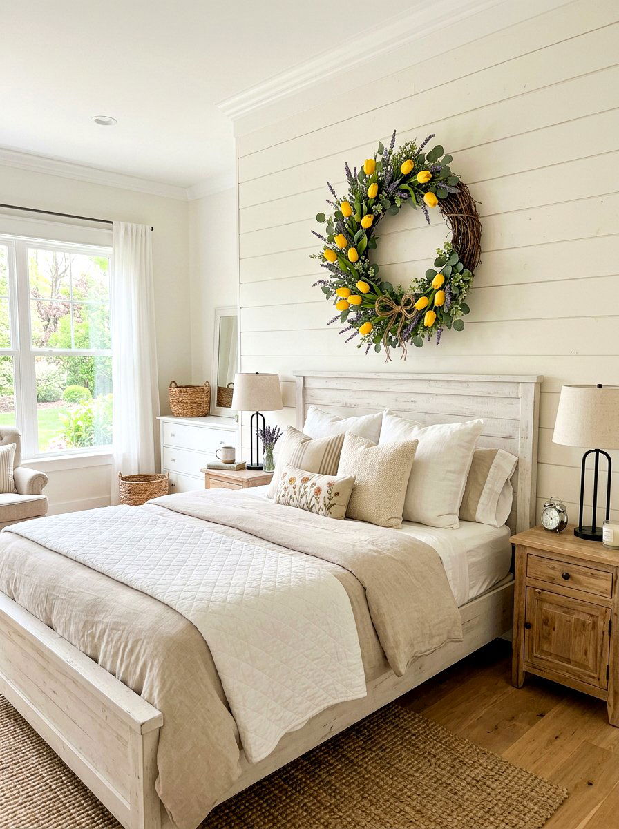 Spring Wreath Above Bed - 25 Spring Headboard Decor Ideas