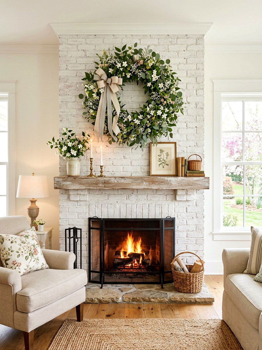 Spring Wreath Fireplace - 25 Spring Farmhouse Fireplace Ideas