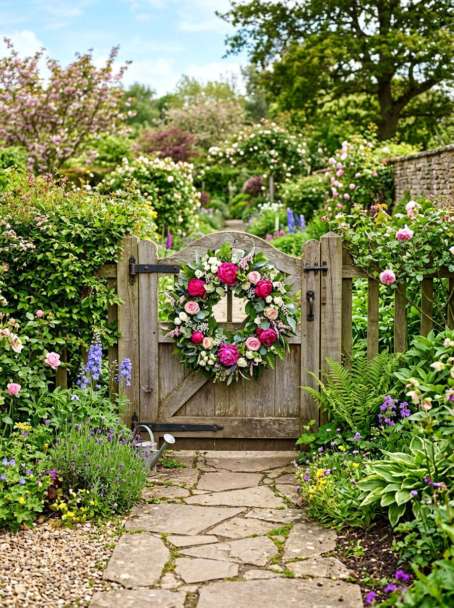 Spring Wreath Garden Gate - 25 Spring Wooden Gate Decor Ideas