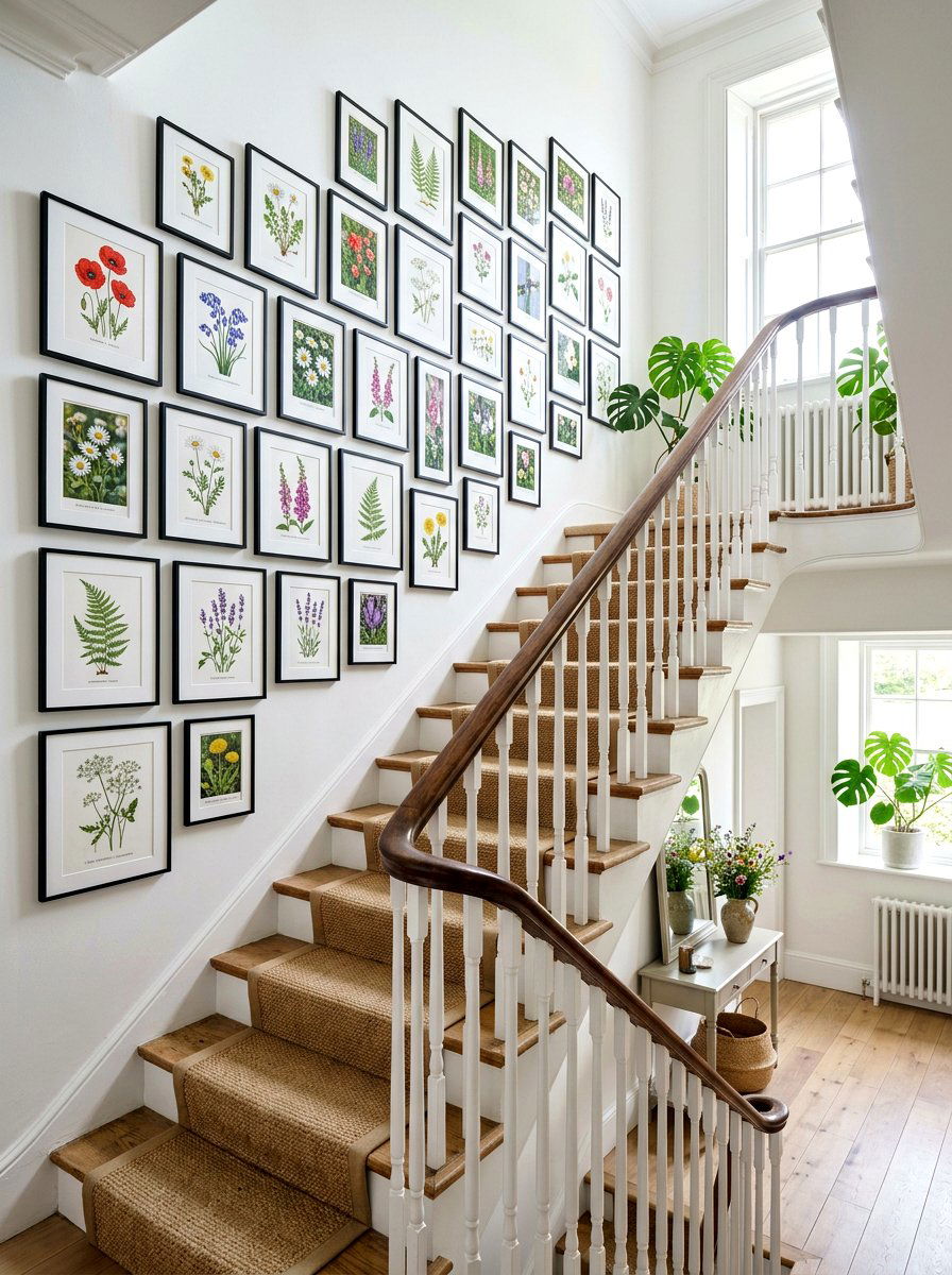 Spring botanical wall gallery - 25 Spring Staircase Decor Ideas