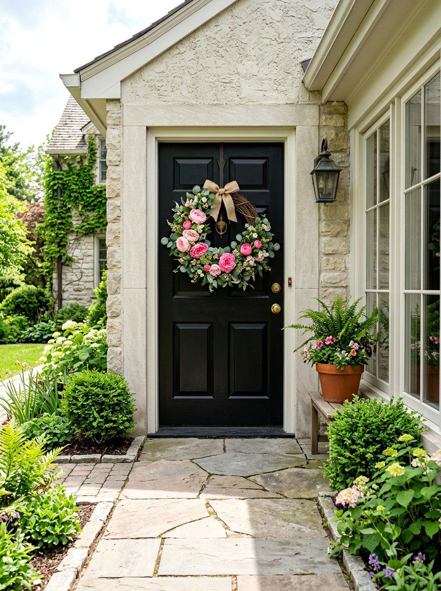 Spring door wreath - 25 Spring Front Walkway Decor Ideas