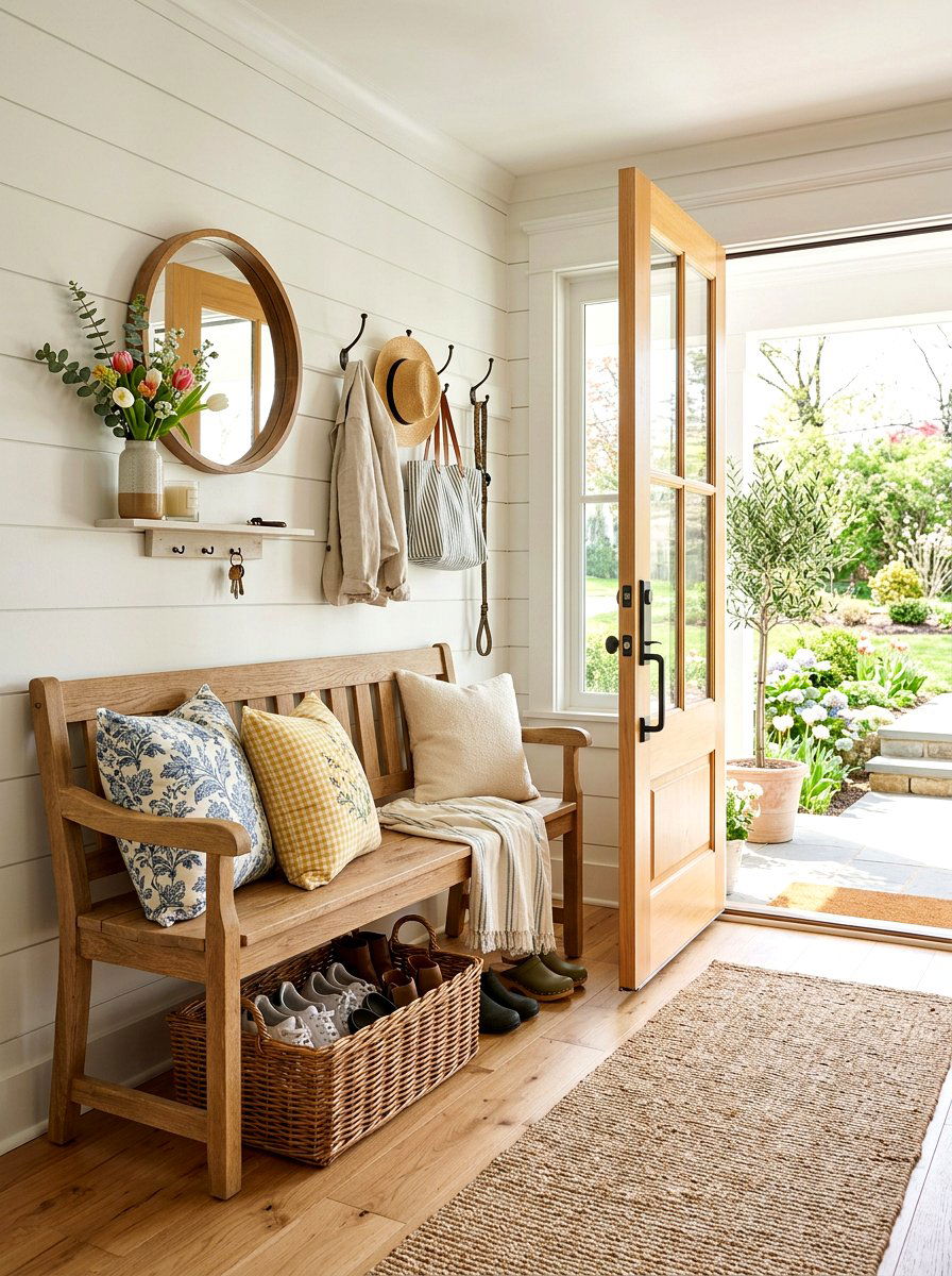 Spring entryway bench - 25 Spring Vacation Rental Decor Ideas