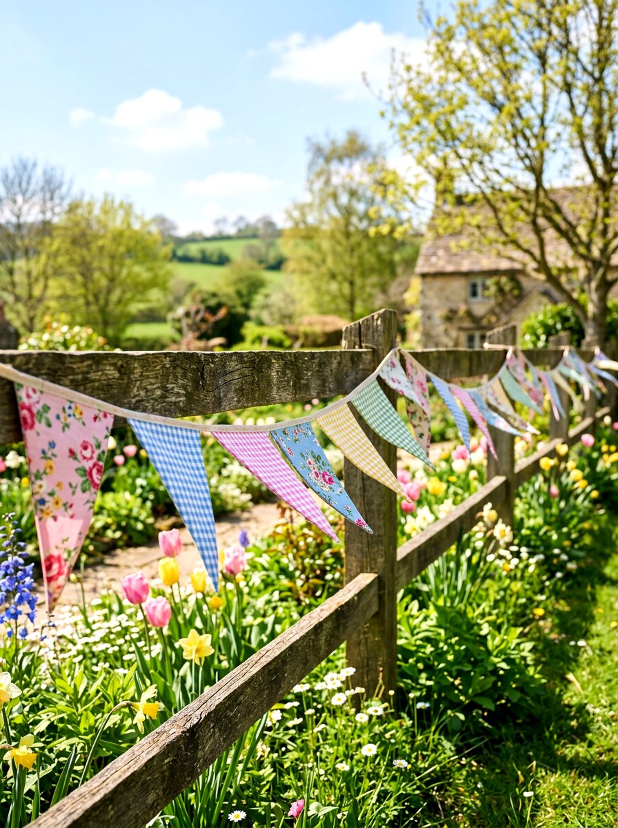 Spring fabric bunting banner - 25 Spring Picket Fence Decor Ideas