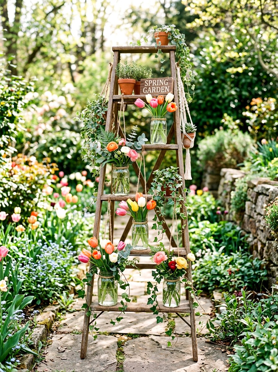 Spring floral ladder display - 25 Spring Outdoor Ladder Decor Ideas