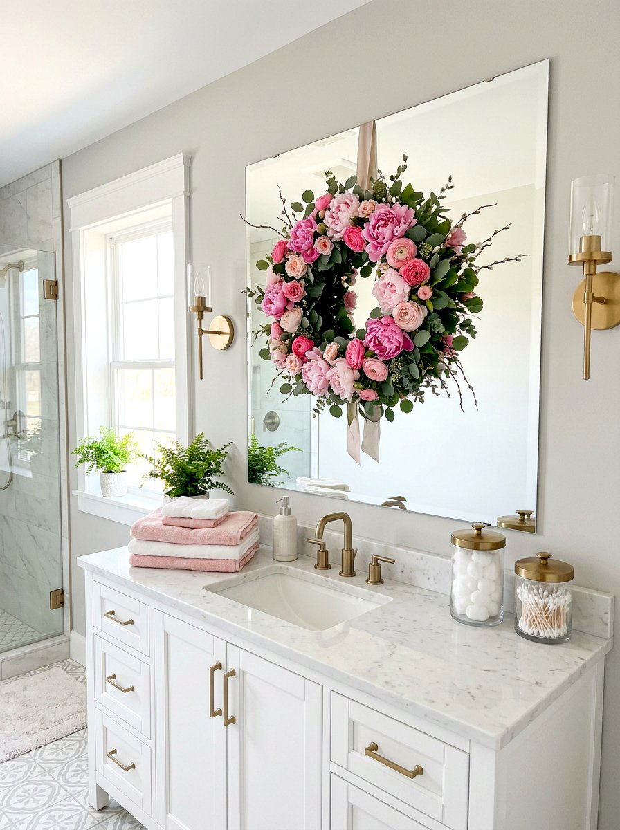 Spring floral wreath for bathroom - 25 Spring Bathroom Mirror Decor Ideas