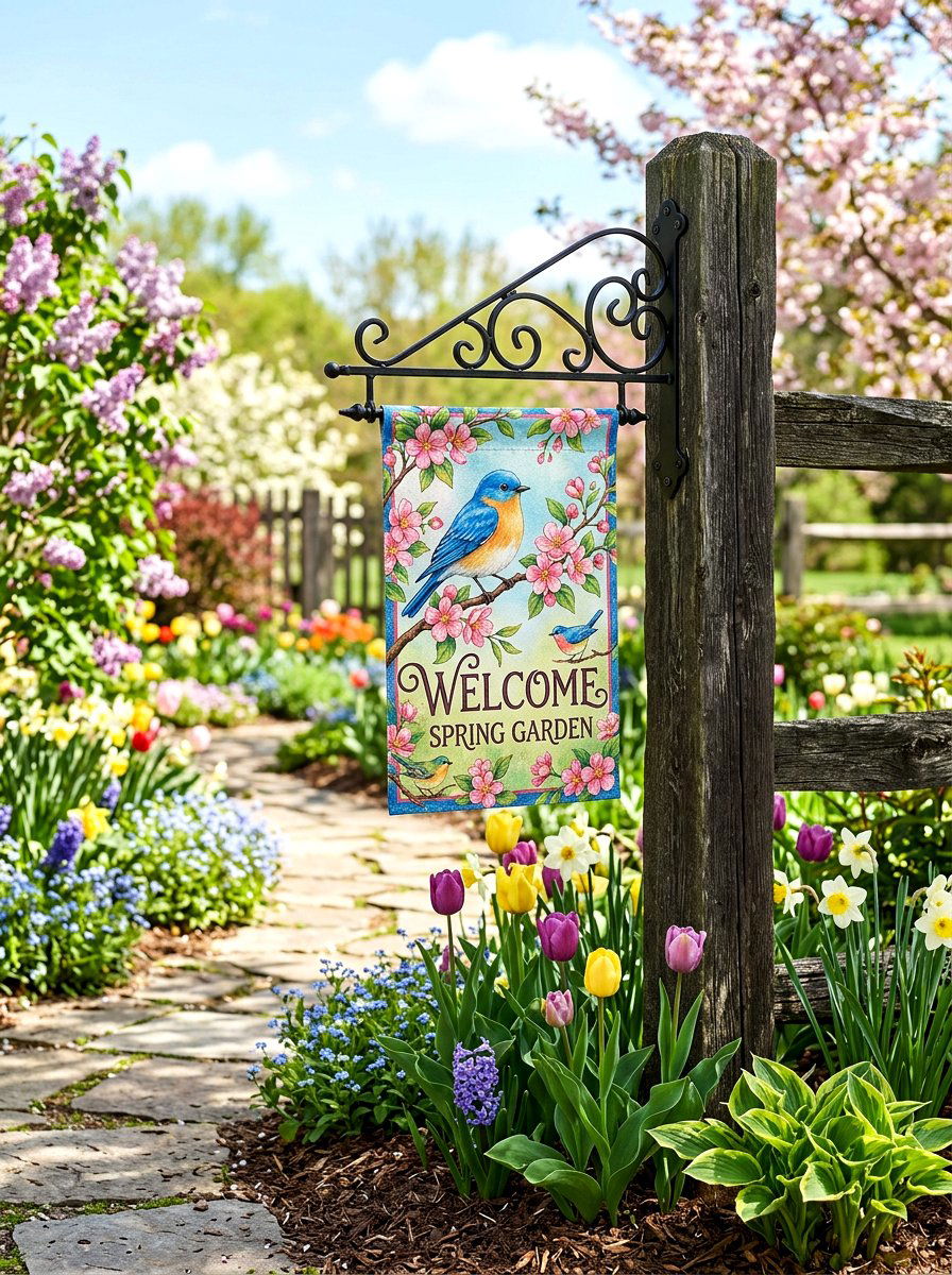 Spring garden flag holder - 25 Spring Picket Fence Decor Ideas