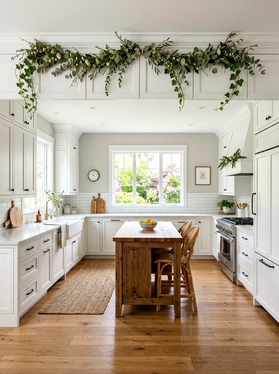 Spring greenery garland - 25 Spring Above Cabinet Decor Ideas