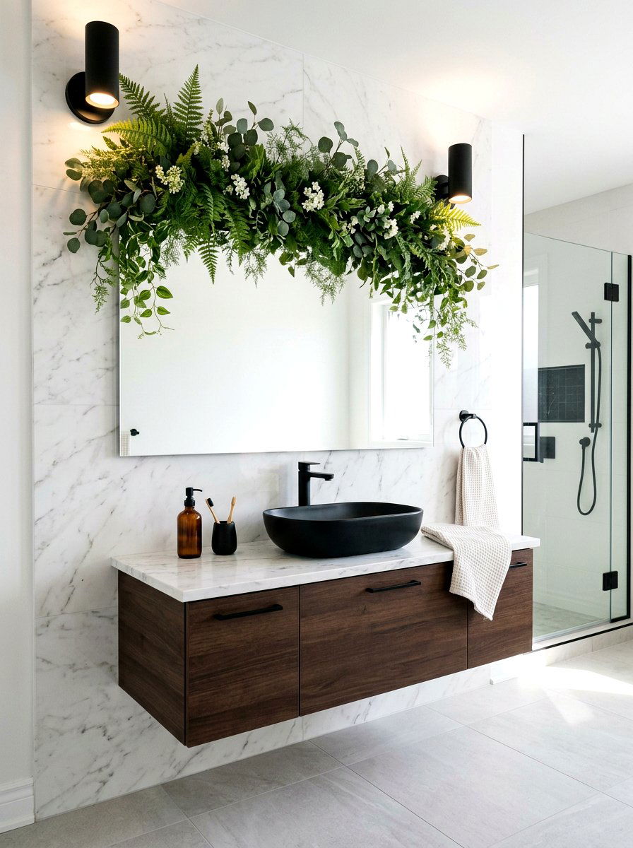 Spring greenery mirror topper - 25 Spring Bathroom Mirror Decor Ideas