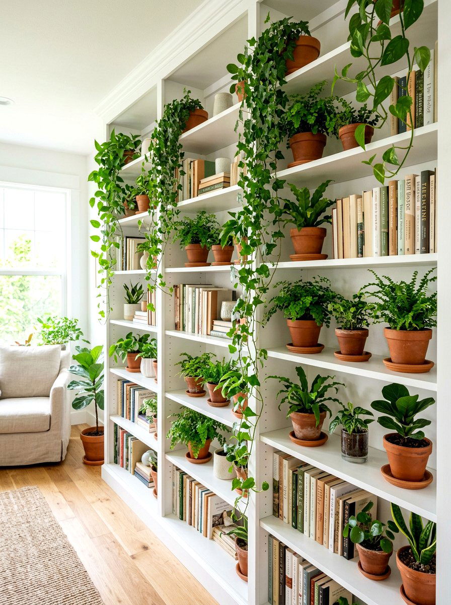 Spring greenery on bookshelves - 25 Spring Library Decor Ideas