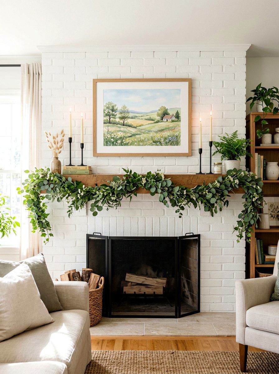 Spring mantel greenery - 25 Spring Modern Farmhouse Decor Ideas