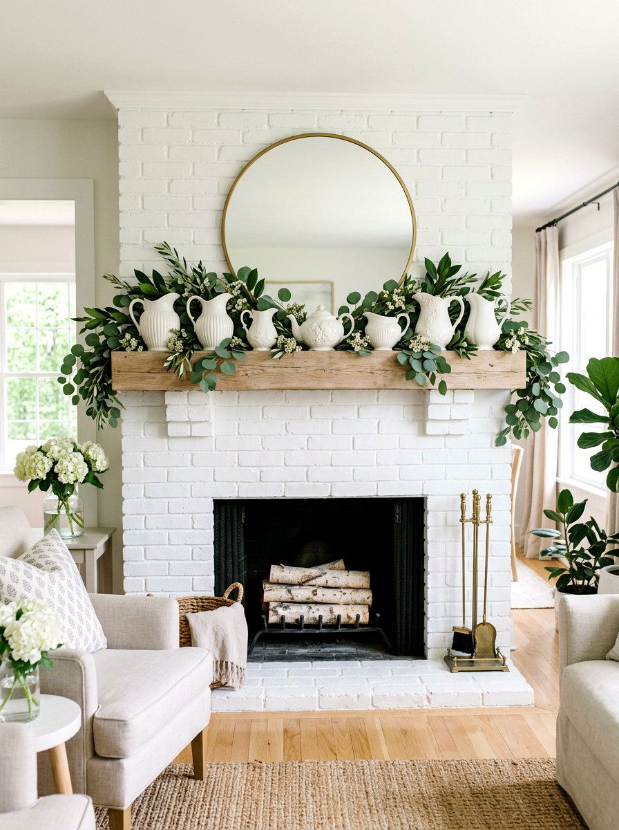 Spring mantel ironstone and greenery - 25 Spring Ironstone Decor Ideas