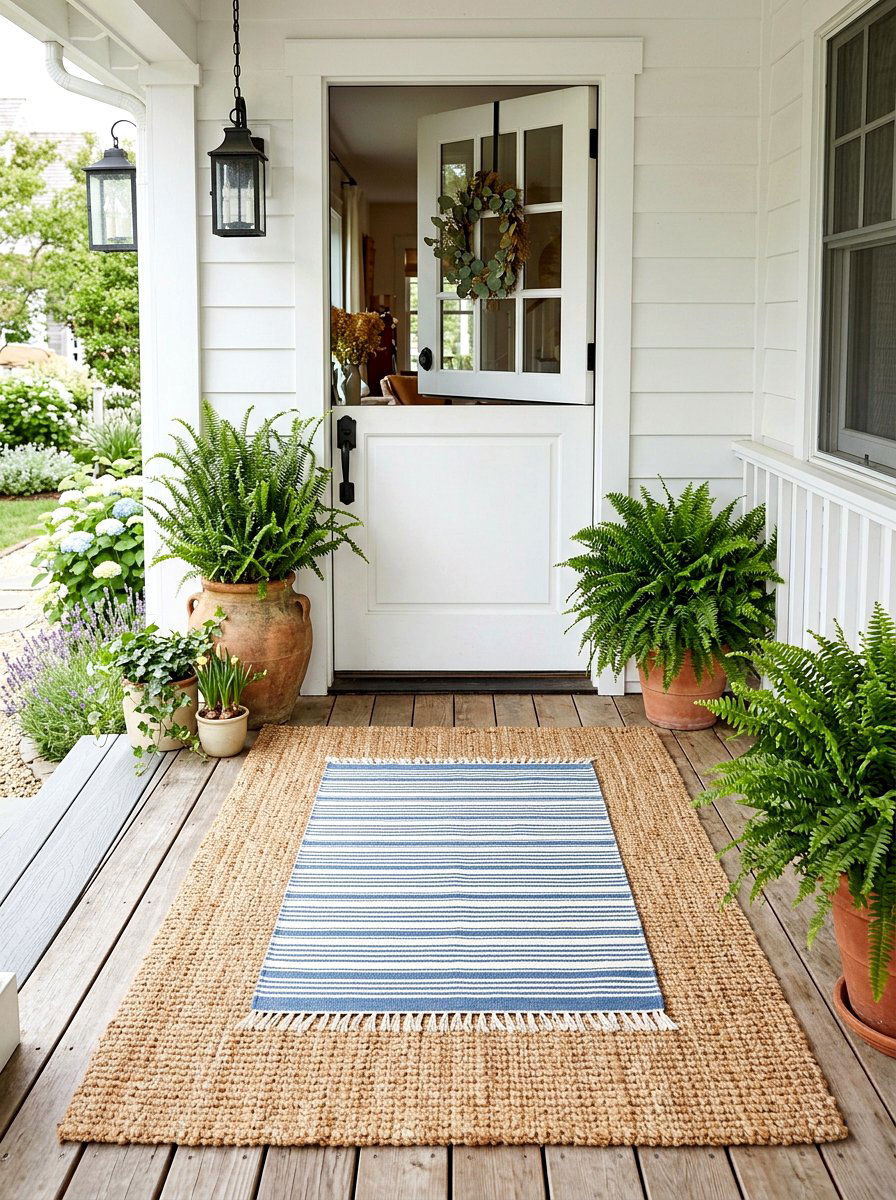 Spring porch rug layering - 25 Spring Dutch Door Decor Ideas