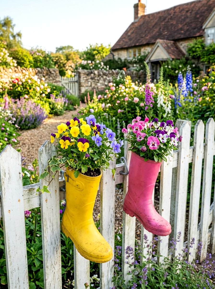 Spring rain boot planter - 25 Spring Picket Fence Decor Ideas