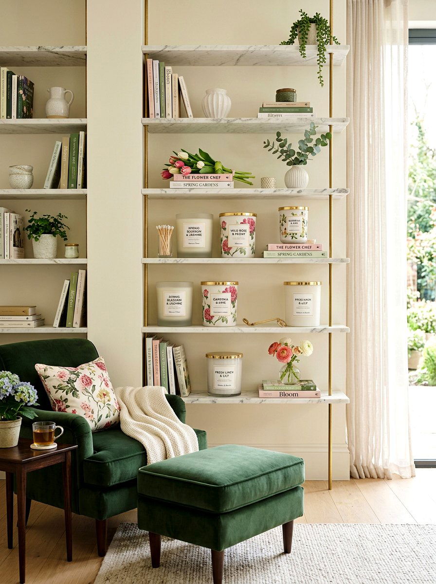 Spring scented candles - 25 Spring Bookshelf Decor Ideas