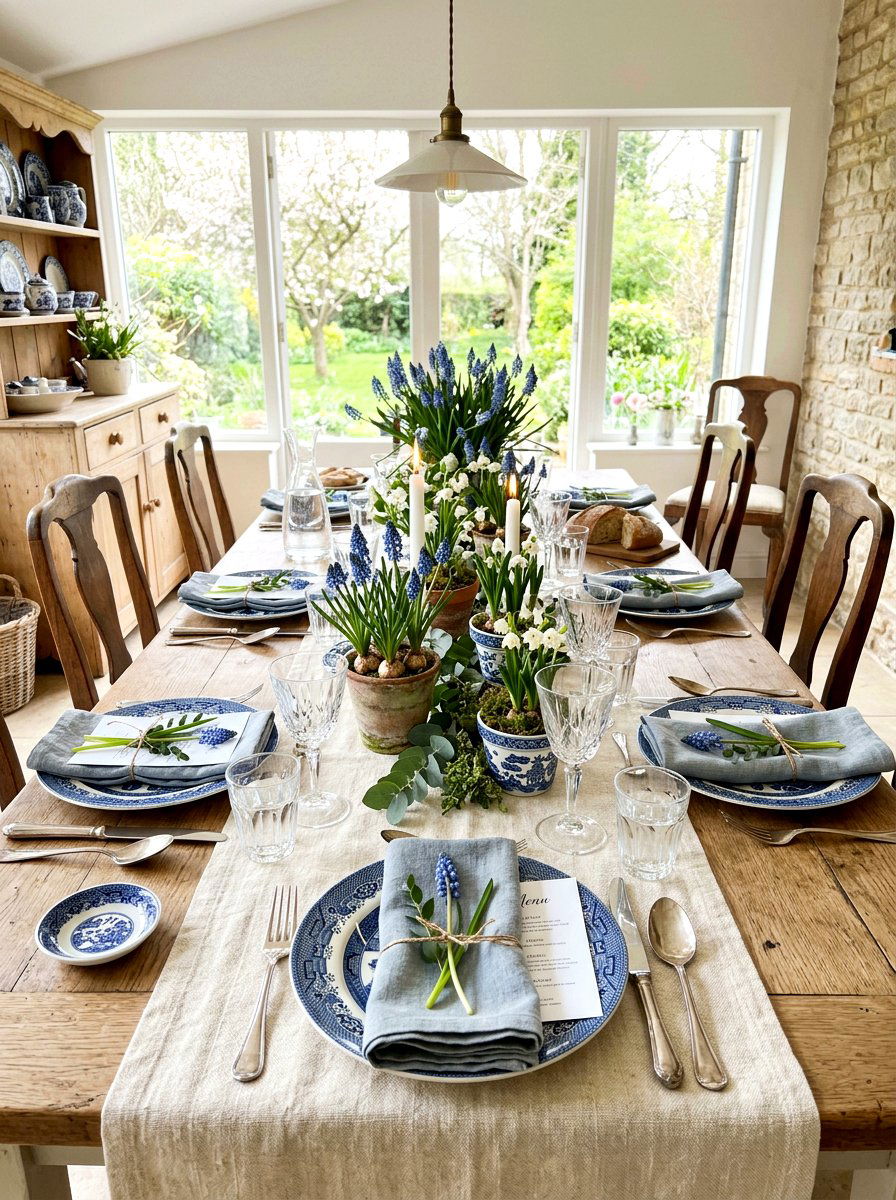 Spring table setting with muscari - 25 Spring Muscari Arrangement Ideas