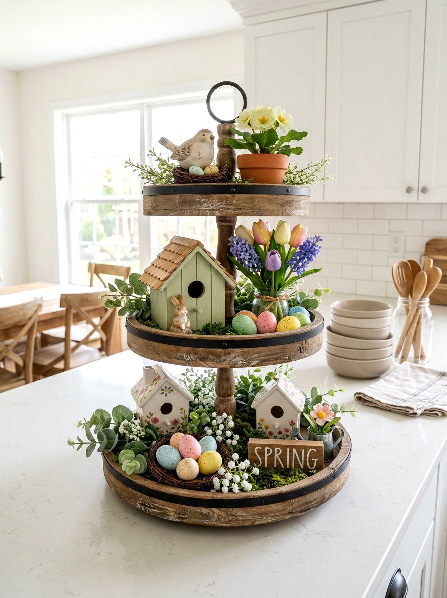 Spring tiered tray - 25 Spring Kitchen Counter Decor Ideas