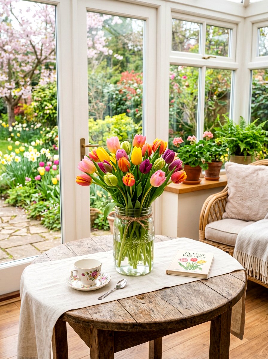 Spring tulip mason jar arrangement - 25 Spring Mason Jar Vase Ideas