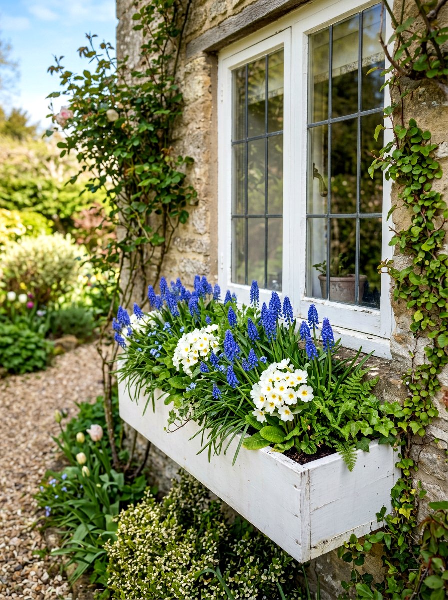 Spring window box with grape hyacinth - 25 Spring Muscari Arrangement Ideas