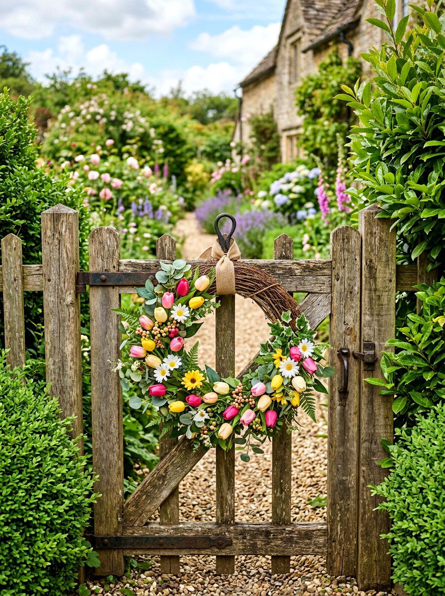 Spring wreath for fence - 25 Spring Picket Fence Decor Ideas