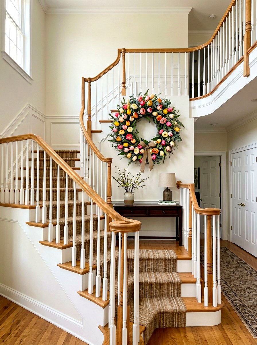 Spring wreath on staircase wall - 25 Spring Staircase Decor Ideas