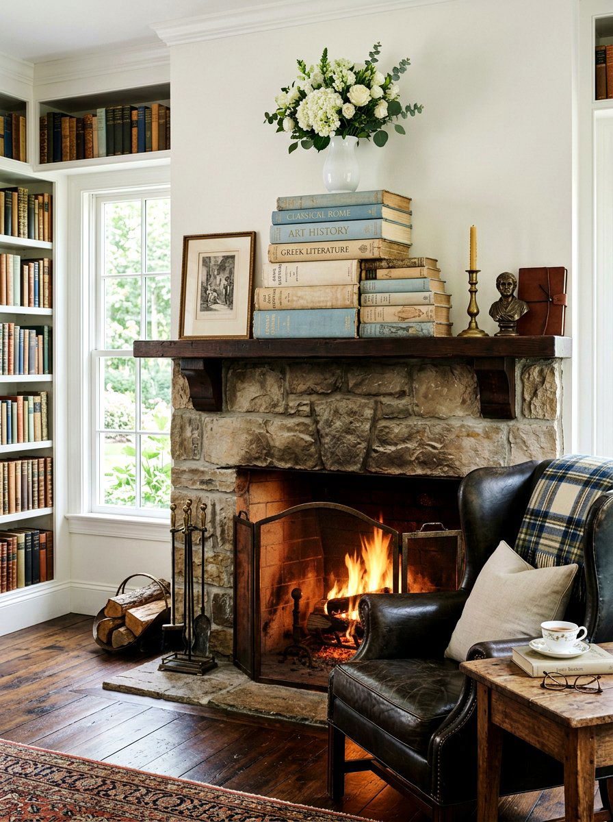 Stacked Antique Books - 25 Spring Living Room Mantel Ideas