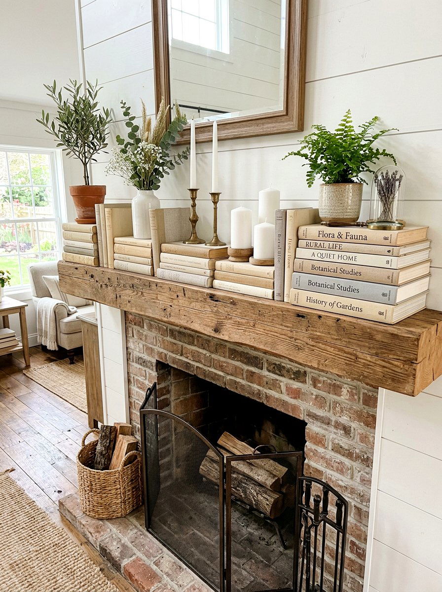 Stacked Book Mantel - 25 Spring Farmhouse Fireplace Ideas