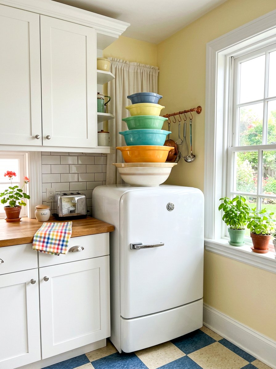 Stacked Colorful Mixing Bowls - 25 Spring Refrigerator Top Decor Ideas