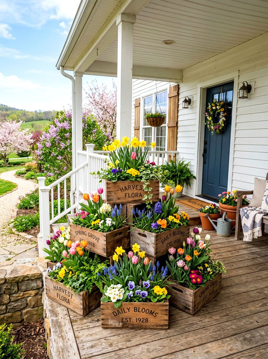 Stacked Crate Flower Display - 25 Spring Flower Stand Ideas