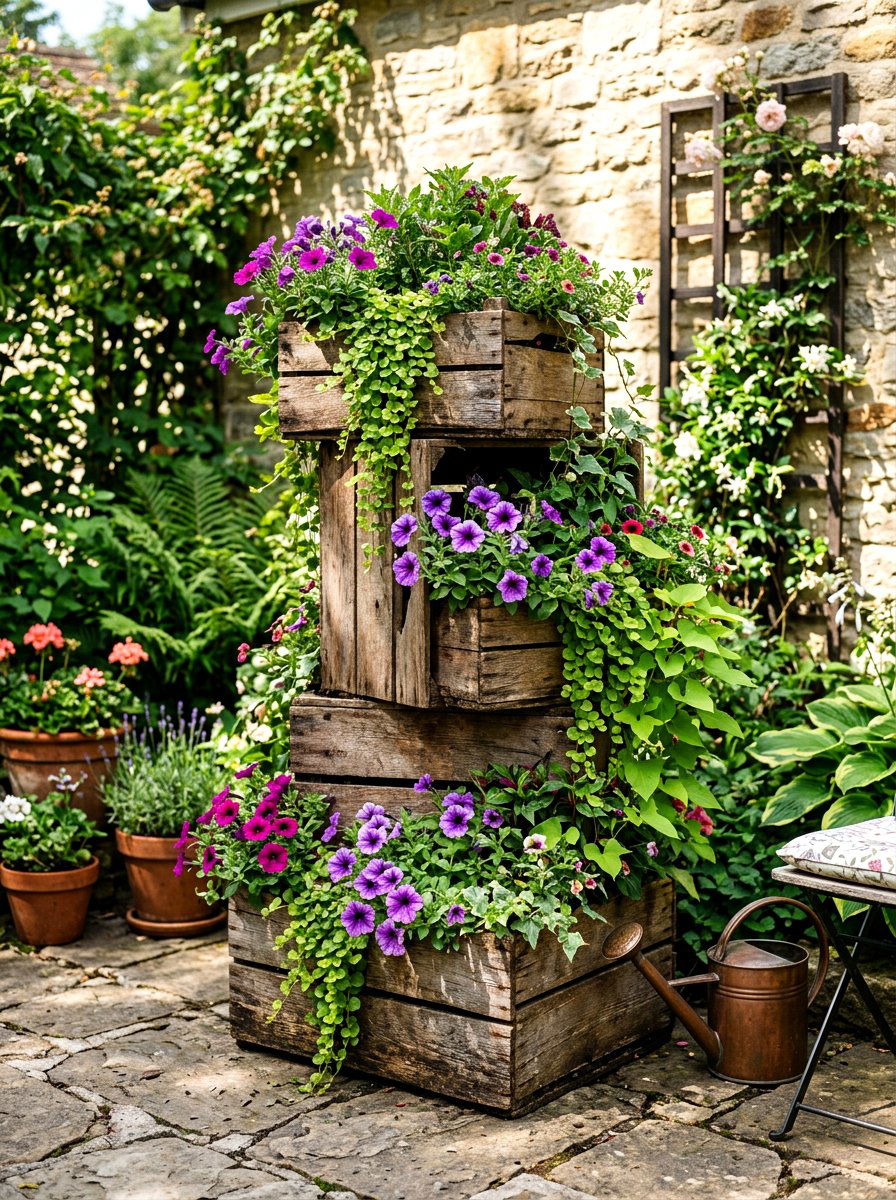 Stacked Crate Garden Tower - 25 Spring Outdoor Crate Display Ideas