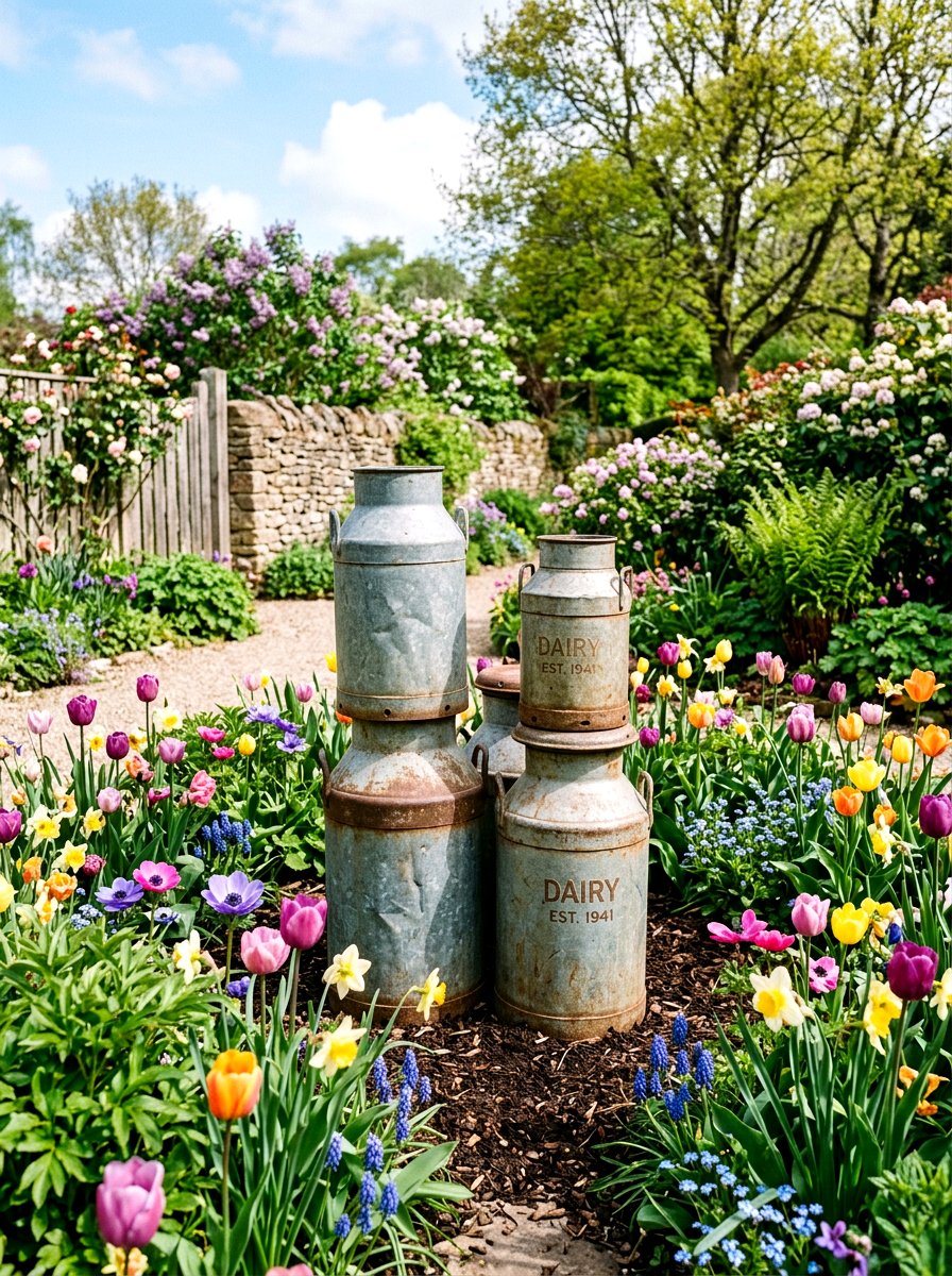 Stacked Milk Can Display - 25 Spring Milk Can Decor Ideas