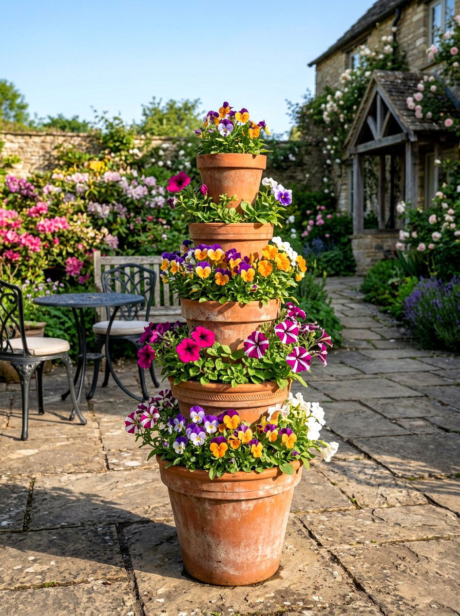 Stacked Terracotta Planter - 25 Spring Clay Pot Flower Ideas