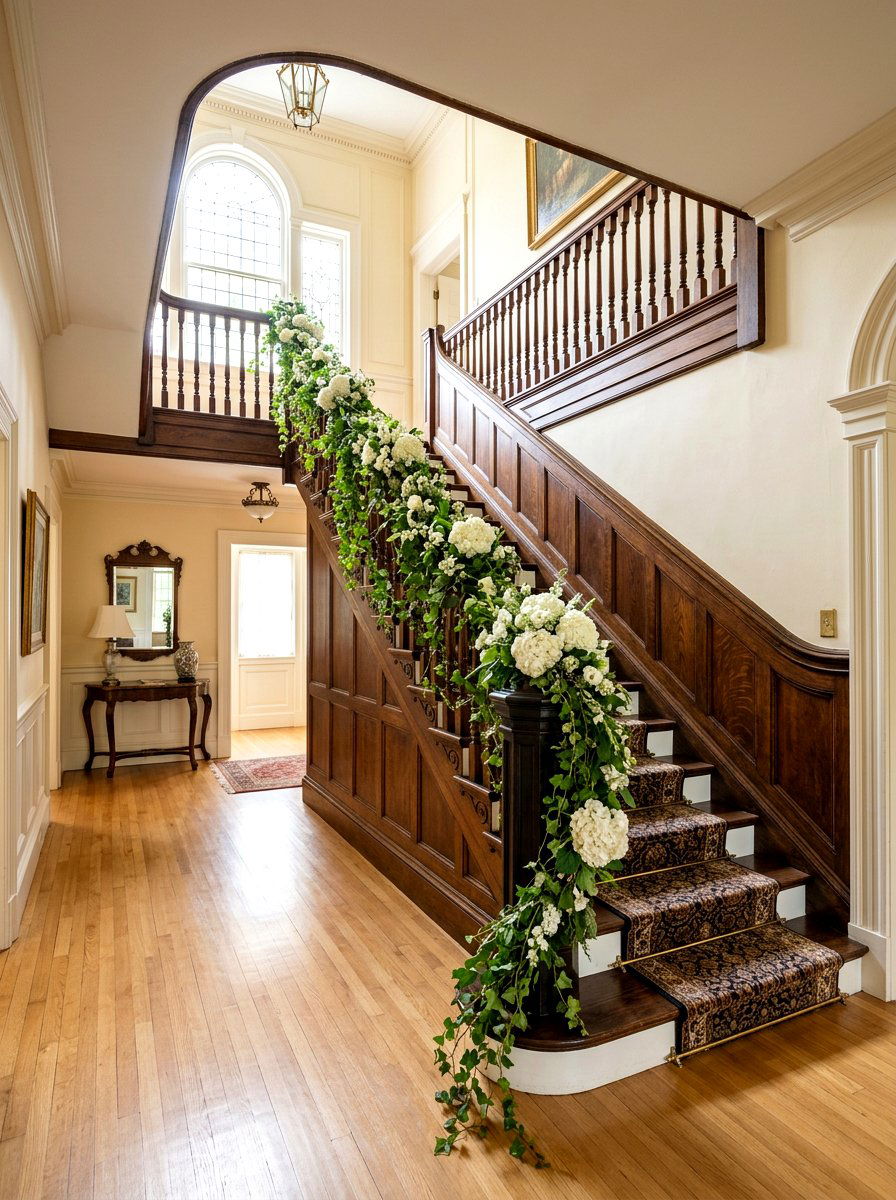 Staircase Banister Floral Wrap - 25 Spring Floral Garland Ideas