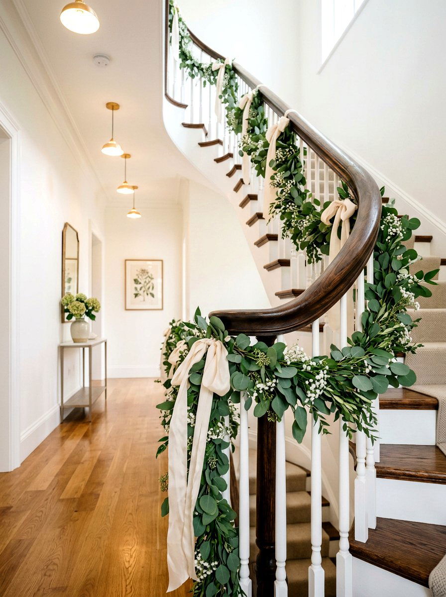 Staircase Banister Greenery - 25 Spring Eucalyptus Garland Ideas