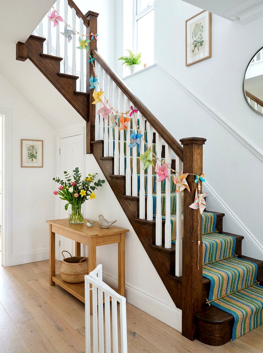 Staircase Railing Pinwheel Garland - 25 Spring Pinwheel Decor Ideas
