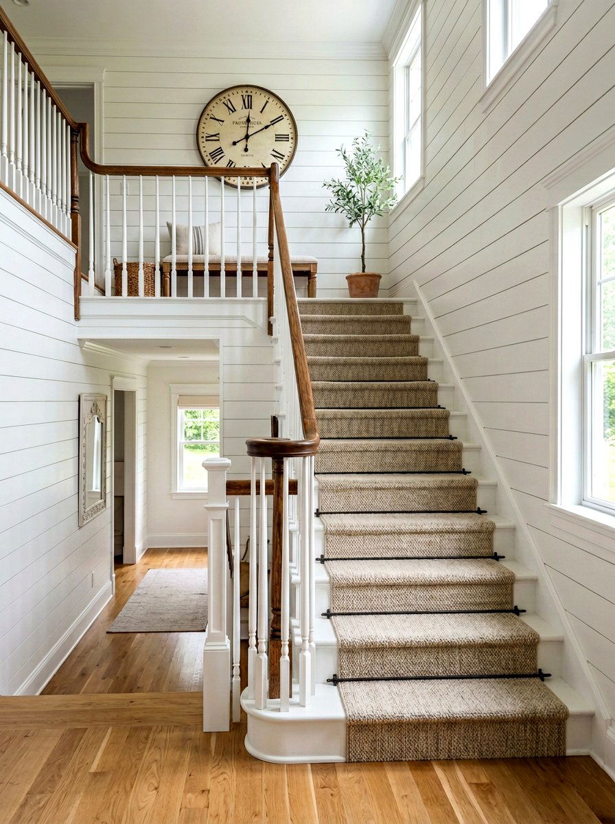 Staircase Shiplap Wall With Wood Railing - 25 Spring Shiplap Wall Decor Ideas