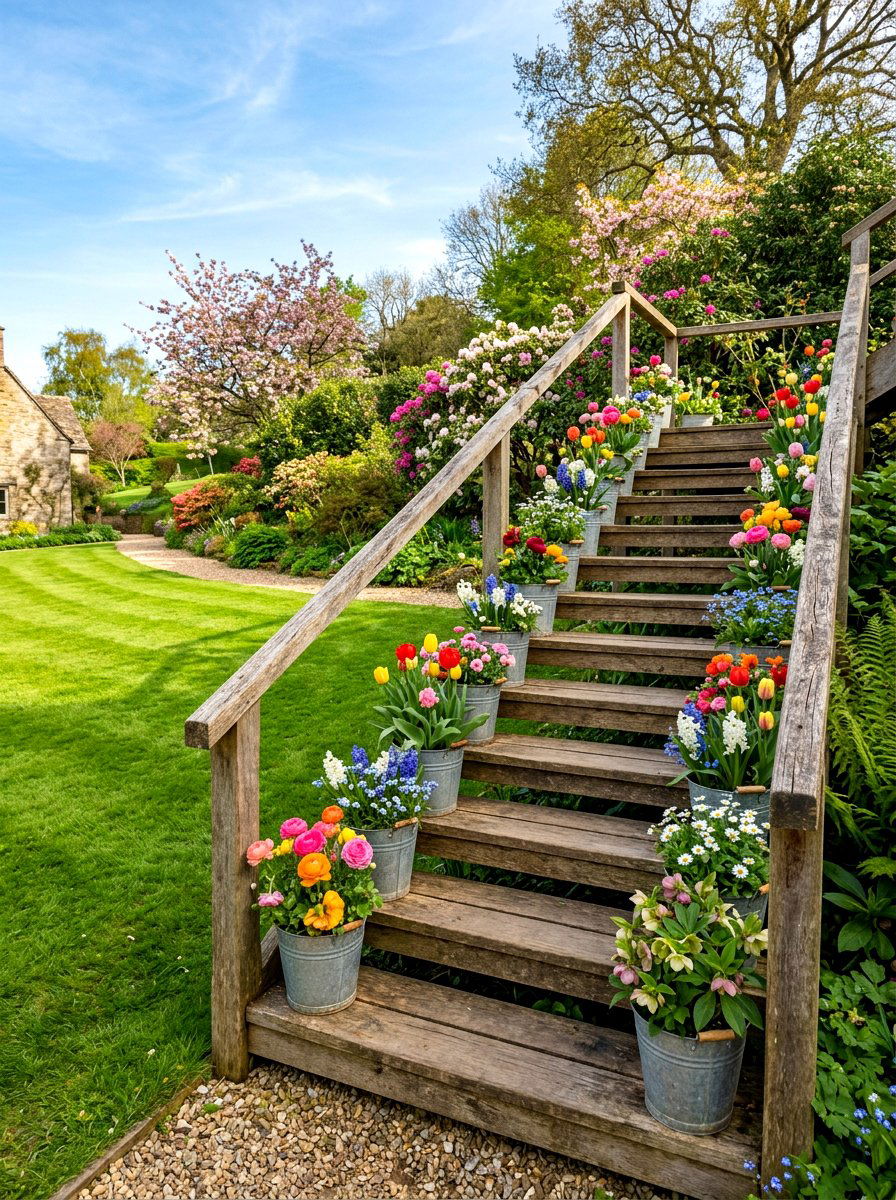 Staircase Step Flower Bucket - 25 Spring Flower Bucket Ideas