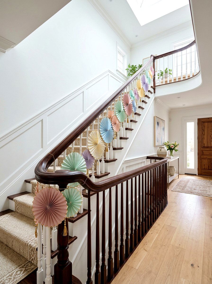 Staircase paper fan garland - 25 Spring Paper Fan Decor Ideas