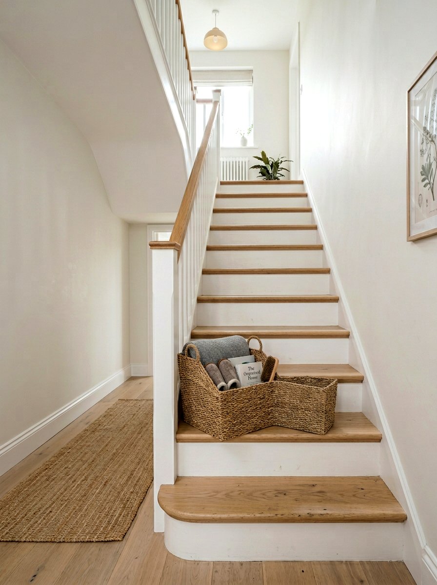 Staircase storage basket - 25 Spring Woven Basket Decor Ideas