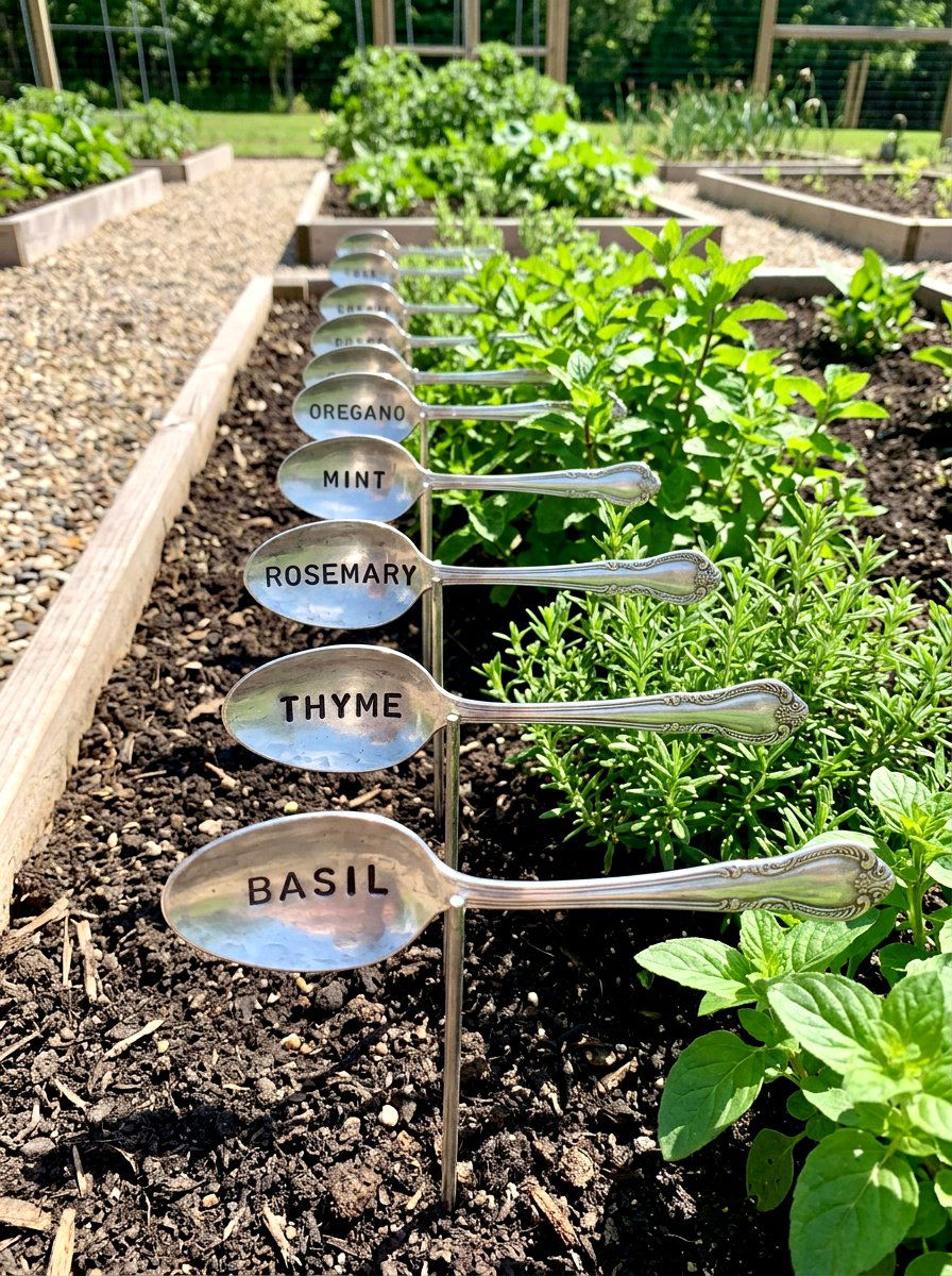 Stamped silver spoon garden marker - 25 Spring Recycled Decor Ideas