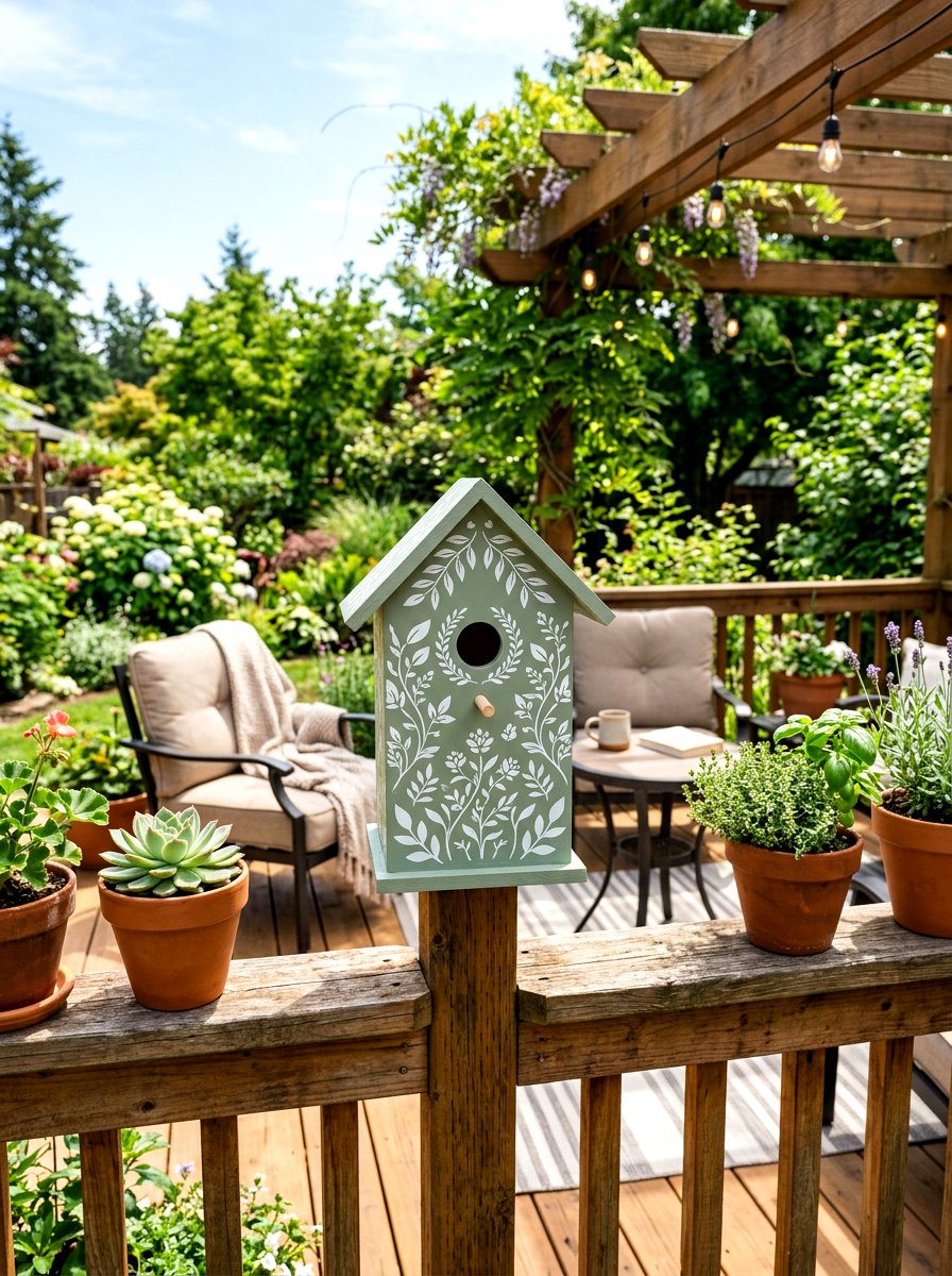 Stenciled Birdhouse - 25 Spring Birdhouse Painting Ideas