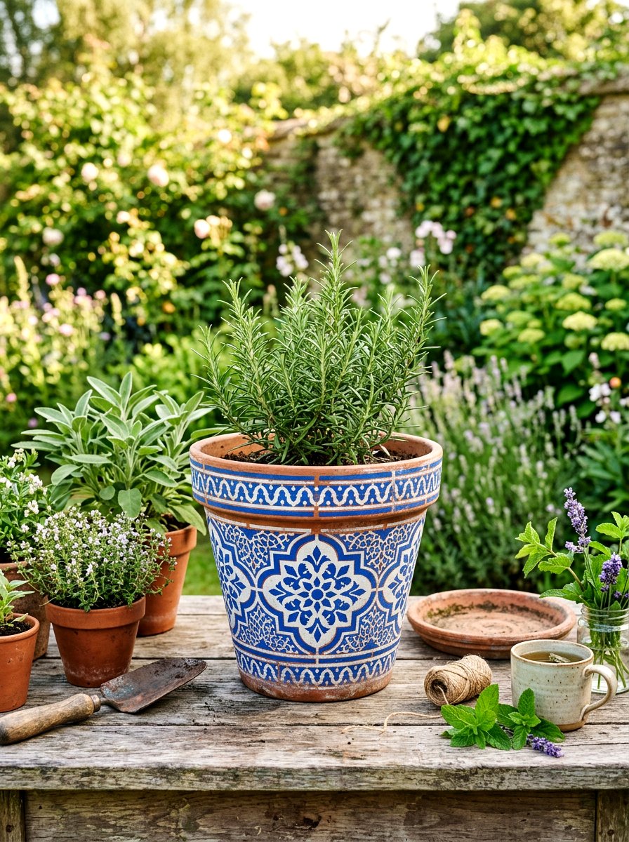 Stenciled Flower Pot - 25 Spring Planter Painting Ideas