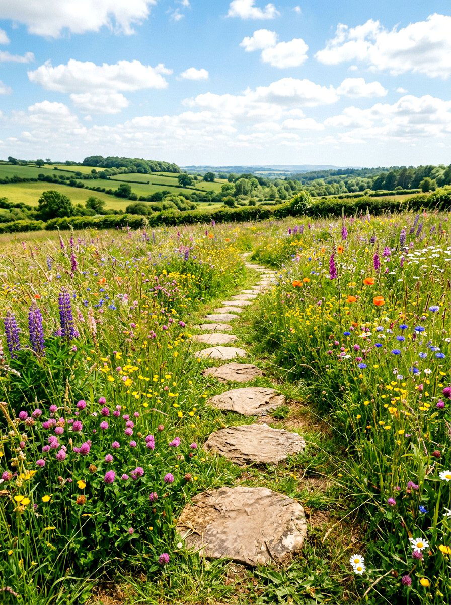 Stepping Stone Path Through Wildflowers - 25 Spring Pathway Decor Ideas