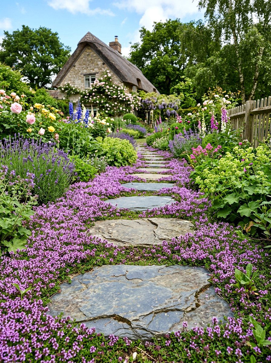 Stepping stones with creeping thyme - 25 Spring Front Walkway Decor Ideas