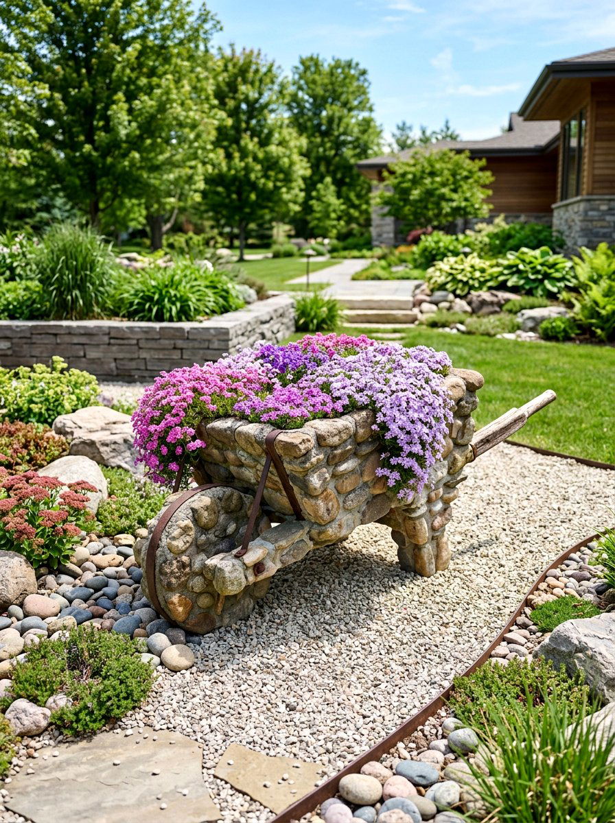 Stone And Flower Wheelbarrow Garden - 25 Spring Wheelbarrow Decor Ideas
