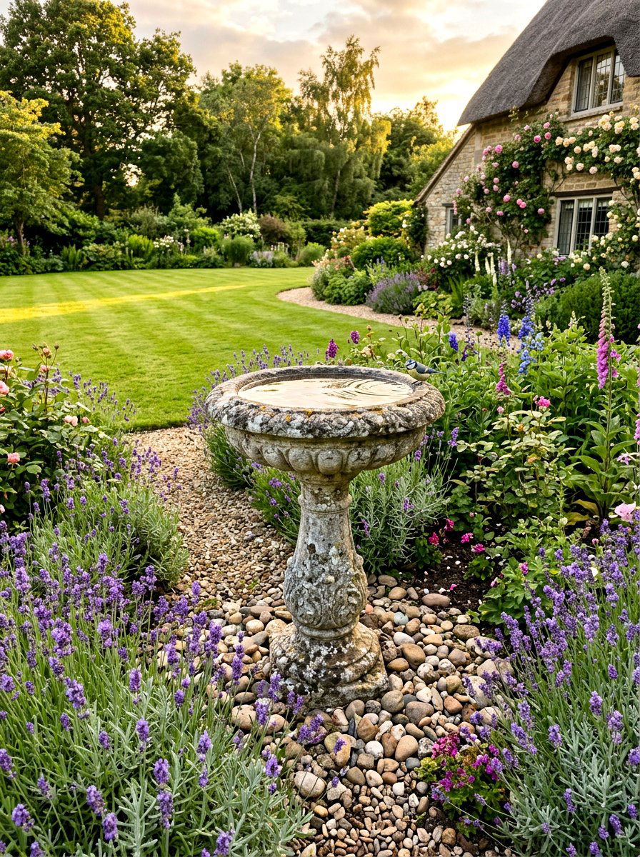 Stone Bird Bath - 25 Front Yard Spring Decor Ideas