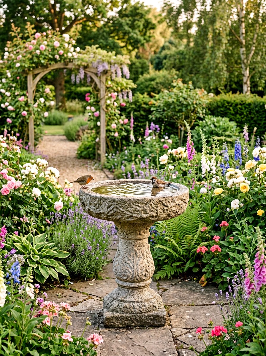 Stone Birdbath Focal Point - 25 Spring Stone Garden Decor Ideas
