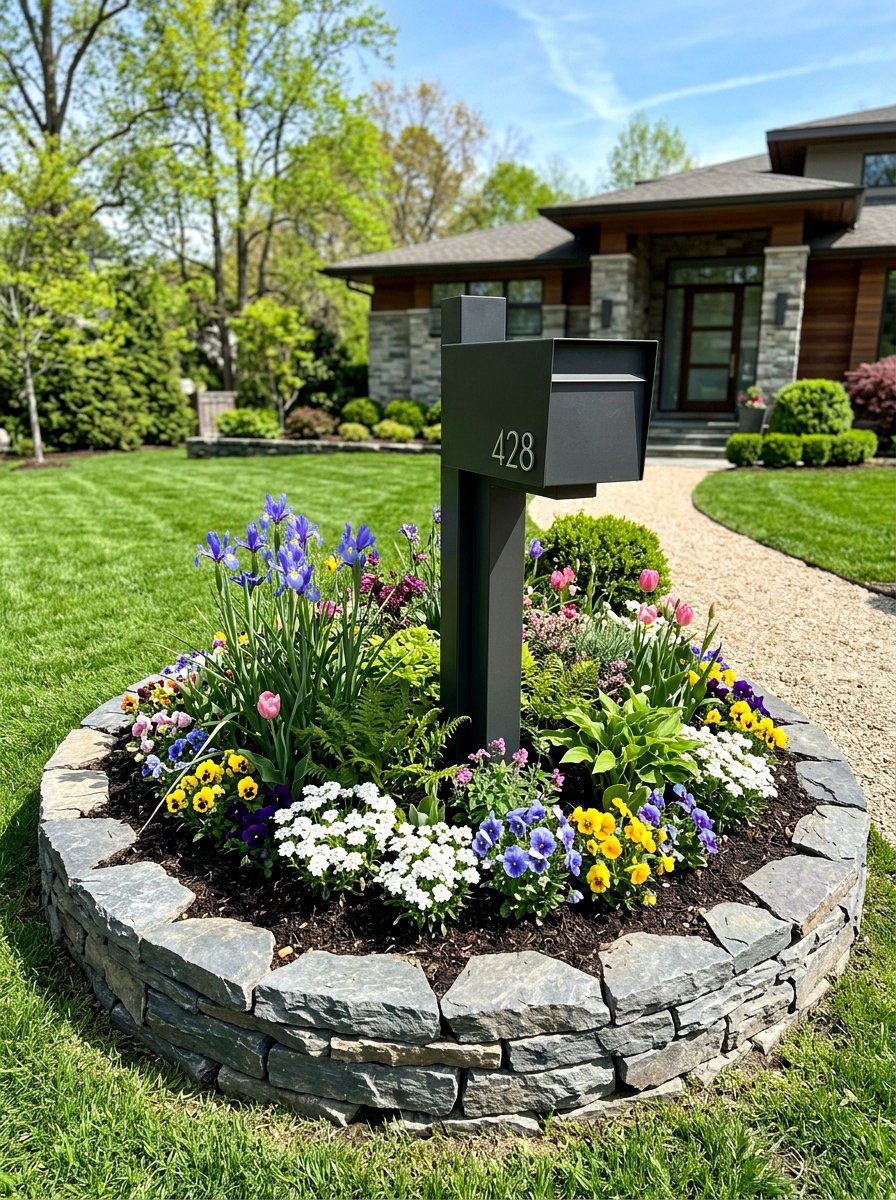 Stone Border Flower Bed - 25 Spring Mailbox Garden Ideas