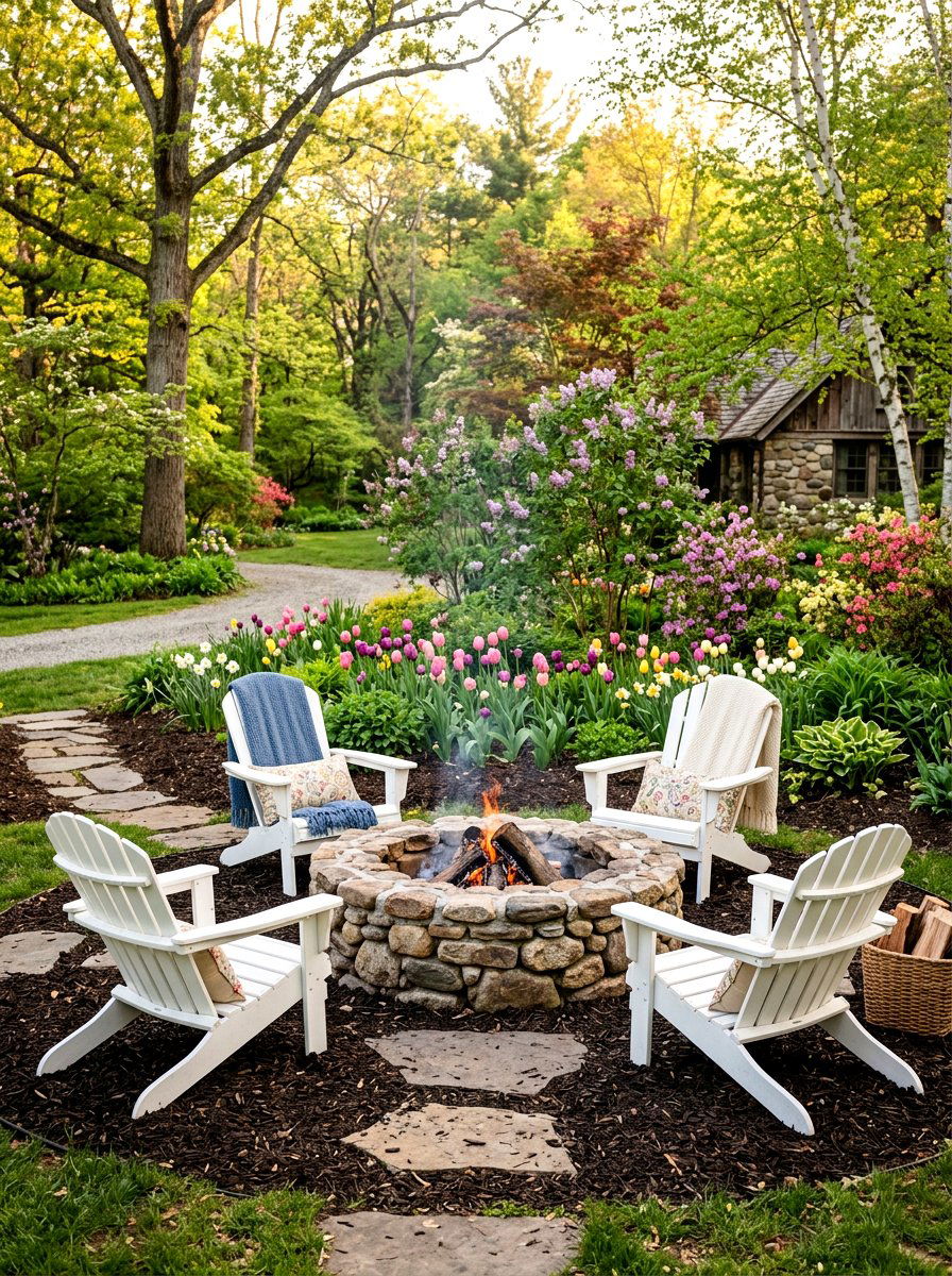 Stone Fire Pit With Adirondack Chairs - 25 Spring Fire Pit Area Decor Ideas